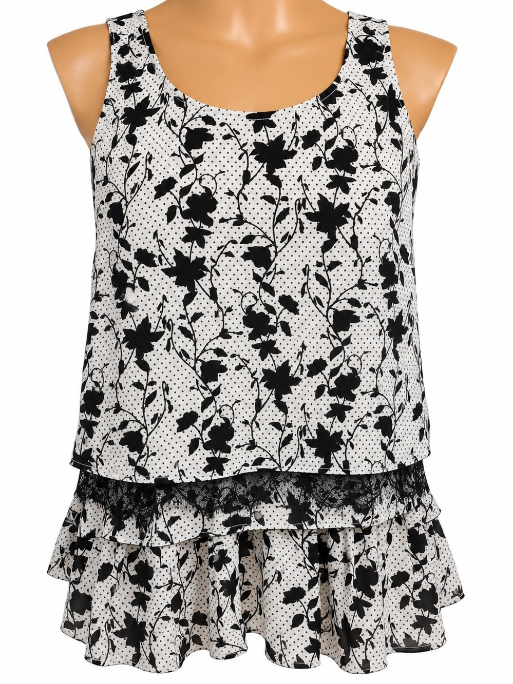 CAbi Black & White Floral Lace-Trim Sleep Tank